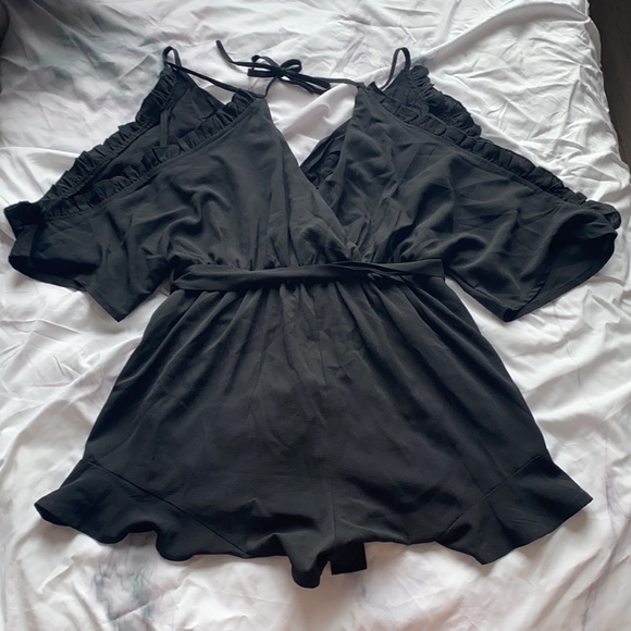 Black Romper With Embodied Rose Accents and Tie - Picture 7 of 7